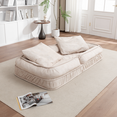 Upholstered Human Dog Bed for Adults and Pets - Bean Bag Floor Sofa with Massage Pillow, 5 Adjustable Positions & 2 Soft Pillows - Beige Velvet with Foam and Iron - Plastic Frame