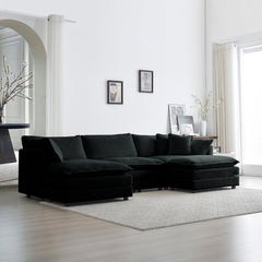 U-Shaped Sectional Sofa w/Reversible Footrest, 5-Seater Convertible Corner Couch with 2 Ottomans ,Modern Minimalist Soft Sofa & Couch for Living Room , Black Chenille