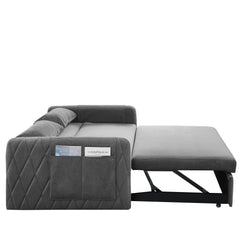 55' Modern Convertible Sofa Bed with 2 Detachable Arm Pockets, Velvet Loveseat Sofa with Pull Out Bed, 2 Pillows and Living Room Adjustable Backrest, Grid Design Armrests