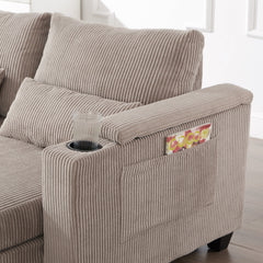 Convertible Chaise Lounge 63' Loveseat Sofa Bed with USB Ports, Cup Holders, Phone Holder, Storage, Brown Corduroy
