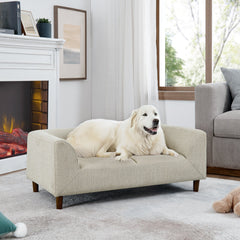 Modern Rectangular Pet Sofa with Backrest and Armrests, Soft Cushion for Small and Medium Dogs, Beige Linen