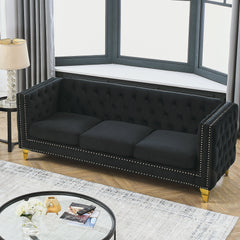 {Contact us for 3D modeling} Velvet Sofa for Living Room,Buttons Tufted Square Arm Couch, Modern Couch Upholstered Button and Metal Legs, Sofa Couch for Bedroom, Black Velvet(W834S00022)