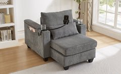 Convertible Chaise Lounge Sofa Chair Corduroy Sleeper with USB Ports, Cup Holders, Storage, Grey