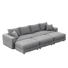 104.3 ' Plush Corduroy 4-Seat Sofa, Modern Comfy Upholstered Sofa Cloud Couch, Deep Seat Couches with Soft Pillows and 3 Ottomans, Convertible Sofa Lounge Chair, for Living Room,Apartment,Office,Grey