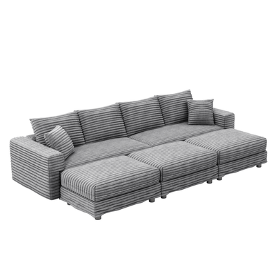 104.3 ' Plush Corduroy 4-Seat Sofa, Modern Comfy Upholstered Sofa Cloud Couch, Deep Seat Couches with Soft Pillows and 3 Ottomans, Convertible Sofa Lounge Chair, for Living Room,Apartment,Office,Grey