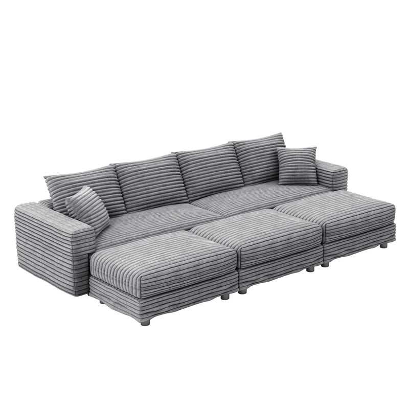 104.3 ' Plush Corduroy 4-Seat Sofa, Modern Comfy Upholstered Sofa Cloud Couch, Deep Seat Couches with Soft Pillows and 3 Ottomans, Convertible Sofa Lounge Chair, for Living Room,Apartment,Office,Grey