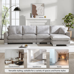Modern Oversized L-shaped Sectional Sofa with Chaise and Free Pillows, Chenille Fabric, 119*55 Inches, Light Gray