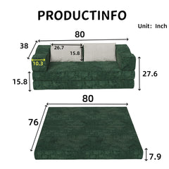80 ' Convertible Couch Bed with 2 Pillows, 3-Seat Folding Floor Couch & King Size Bed Mattress, DIY Combination, Chenille, GREEN