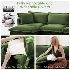 Slip-covered Armchair with 1 Big Back Cushion and 2 Big Toss Pillows, Single Deep Seat Comfy Single Couch Sofa Multiple Large Soft Pillows, Chenille Fabric, Green