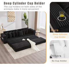 [NEW ARRIVED] [VIDEO PROVIDED] 110.75' Modular L Shaped Sofa, Corduroy Fabric Sectional Couch,With a movable footstool, Cup Holders,Bring 8 throw pillows,Side Pocket,Unfold into a Bed,Black