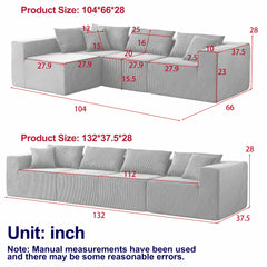 104-Inch Corduroy  Modular L Shaped Sectional Sofa,Luxury Floor Couch Set,Upholstered Indoor Furniture,Foam-Filled Compressed Sofa for Living Room,Bedroom,4 PC Free Combination