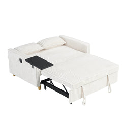 The pull-out and push-in beige corduroy sofa with dual functions, equipped with a movable tabletop and USB ports, is suitable for use in living rooms and bedrooms.