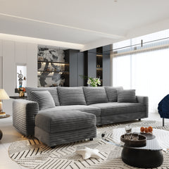 104.3 ' Plush Corduroy 4-Seat Sofa, Modern Comfy Upholstered Sofa Cloud Couch, Deep Seat Couches with Soft Pillows and 2 Ottomans, Convertible Sofa Lounge Chair, for Living Room,Apartment,Office,Grey