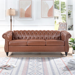Classic Chesterfield Three Seater Sofa Brown PU Leather with Rolled Arms and Birch Legs 84.65 Inches