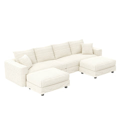 104.3 ' Plush Corduroy 4-Seat Sofa, Modern Comfy Upholstered Sofa Cloud Couch, Deep Seat Couches with Soft Pillows and 2 Ottomans, Convertible Sofa Lounge Chair, for Living Room,Apartment,Office,Beige
