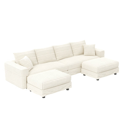 104.3 ' Plush Corduroy 4-Seat Sofa, Modern Comfy Upholstered Sofa Cloud Couch, Deep Seat Couches with Soft Pillows and 2 Ottomans, Convertible Sofa Lounge Chair, for Living Room,Apartment,Office,Beige