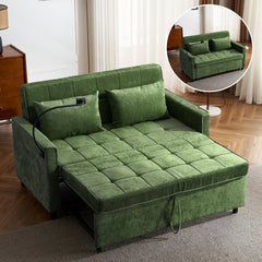 Convertible Loveseat Sofa Bed with Adjustable Backrest, USB Ports, Phone Holder, Side Pockets, Green Chenille, 56.9'