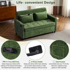Convertible Loveseat Sofa Bed with Adjustable Backrest, USB Ports, Phone Holder, Side Pockets, Green Chenille, 56.9'