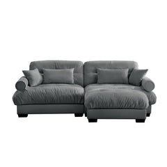 Modern Grey Velvet Two-Seater Sofa with Ottoman and Round Bolster Armrests, L Shape for Living Room