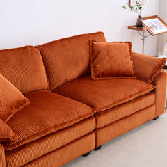 Corduroy 2-seats sofa With 2 back pillows,2 toss pillows and two ottoman,Comfy Sofa- Deep Seat Couch for Living Room,Orange