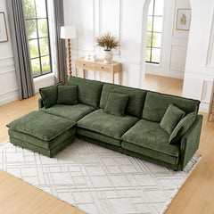 Modern Home Living Room L-Shaped Sectional Sofa Couches with Ottoman, Convertible Oversized 4 Seater Couch Towel Fabric, Green