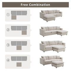 Modern Sectional Sofa with Movable Ottoman and Throw Pillows in Beige, Polyester Fabric, 101*66 inches
