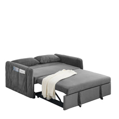 55' Modern Convertible Sofa Bed with 2 Detachable Arm Pockets, Velvet Loveseat Sofa with Pull Out Bed, 2 Pillows and Living Room Adjustable Backrest, Grid Design Armrests