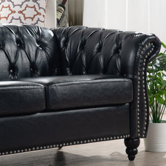 84.65' BLACK PU Rolled Arm Chesterfield Three Seater Sofa.