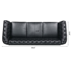 84.65' BLACK PU Rolled Arm Chesterfield Three Seater Sofa.