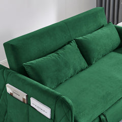 55' Modern Convertible Sofa Bed with 2 Detachable Arm Pockets, Velvet Loveseat Sofa with Pull Out Bed, 2 Pillows and Living Room Adjustable Backrest, Grid Design Armrests