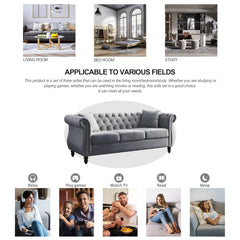 [Video] 80' Chesterfield Sofa Grey Velvet for Living Room, 3 Seater Sofa Tufted Couch with Rolled Arms and Nailhead for Living Room, Bedroom, Office, Apartment, two pillowsW834S00009