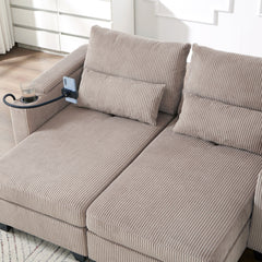 Convertible Chaise Lounge 63' Loveseat Sofa Bed with USB Ports, Cup Holders, Phone Holder, Storage, Brown Corduroy