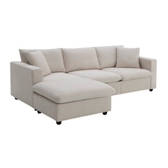Modern Sectional Sofa with Movable Ottoman and Throw Pillows in Beige, Polyester Fabric, 101*66 inches