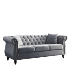 [Video] 80' Chesterfield Sofa Grey Velvet for Living Room, 3 Seater Sofa Tufted Couch with Rolled Arms and Nailhead for Living Room, Bedroom, Office, Apartment, two pillowsW834S00009