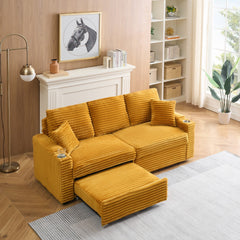 80-inch two-in-one pull-out sofa, foldable and hidden reclining function, corduroy fabric, equipped with cup holder and pillow, easily adaptable to living room space, orange