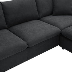 Modern Sectional Sofa with Convertible Ottoman and 2 Free Pillows, L-shaped 4-Seat Polyester Fabric Couch Set, Black