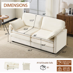 69' PLUSH CLOUD LOVESEAT: Modular 2-Seater Sectional Sofa with 22' Beige Chenille Cushions + 2 Throw Pillows - Compact Size for Apartment, Living Room, Bedroom (Beige)