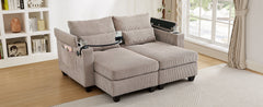 Convertible Chaise Lounge 63' Loveseat Sofa Bed with USB Ports, Cup Holders, Phone Holder, Storage, Brown Corduroy