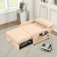 Versatile Pull Out Sofa Sleeper 3 in 1 with Wing Table & USB Charge, Beige Linen, Compact Design