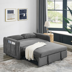 55' Modern Convertible Sofa Bed with 2 Detachable Arm Pockets, Velvet Loveseat Sofa with Pull Out Bed, 2 Pillows and Living Room Adjustable Backrest, Grid Design Armrests