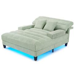 Modern Chaise Lounge Sofa Bed with Adjustable Backrest and LED Light Strip, Green Chenille Upholstered, 57.1 Inches