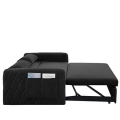 55' Modern Convertible Sofa Bed with 2 Detachable Arm Pockets, Velvet Loveseat Sofa with Pull Out Bed, 2 Pillows and Living Room Adjustable Backrest, Grid Design Armrests