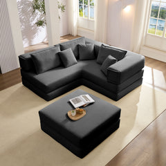 Oversized Upholstered Sectional Sofa Couch Set, Modular 118.2 ' L Shaped Floor Living Room Sofa Set With 6 Pillows, DIY Combination Sofa Couch for living rooms, apartments,bedrooms, Black