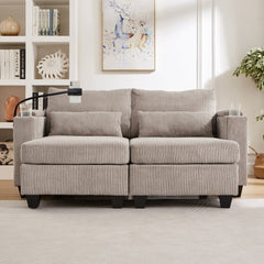 Convertible Chaise Lounge 63' Loveseat Sofa Bed with USB Ports, Cup Holders, Phone Holder, Storage, Brown Corduroy