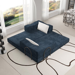 80' Convertible Couch Bed with 2 Pillows, 3-Seat Folding Floor Couch & King Size Bed Mattress, DIY Combination,Chenille,Blue