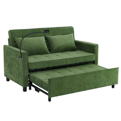 Convertible Loveseat Sofa Bed with Adjustable Backrest, USB Ports, Phone Holder, Side Pockets, Green Chenille, 56.9'