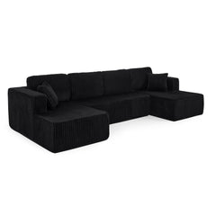 Modern Minimalist U-Shape Modular Sectional Sofa Sleeper in Black Corduroy, Comfy Space-Efficient Design