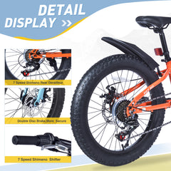 24 Inch Bicycles , Fat Tire Mountain Bike for Boys and Girls Age 10 + Years ,Dual-Disc Brake,Shimano 7-Speed ,Kids Beach and Snow Bicycle