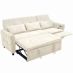 Beige 2-in-1 82' Three-seater Sofa with Pull-out Bed and Reversible Recliner, Chenille Upholstery