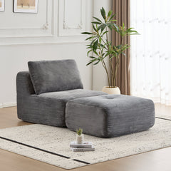 Modern Memory Foam Compressed Sofa,Single Chaise Longue for Living Room,Pet-Friendly Cloud Modular Sectional Sofa,Corduroy Fabric,Movable Ottoman,No assembly required,Grey